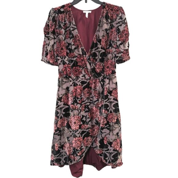 Leith Pink Rose burnout floral velvet tulip sleeve faux wrap dress womens M - Picture 4 of 9